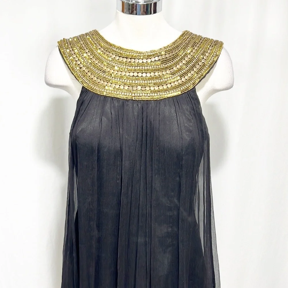 Jovani Gold Beaded Yolk Neckline and Black Silk Flowy Dress size 12
